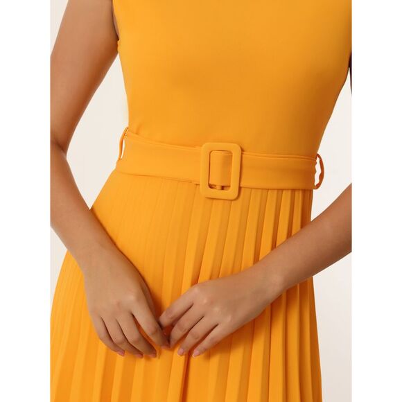 Pleated Dress Mock Neck Cap Sleeve Belted A-Line Dresses Yellow - Picture 4 of 6